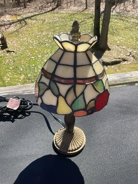 Stained Glass Tiffany-Style Table Lamp with Colorful Fruit Panels 12”